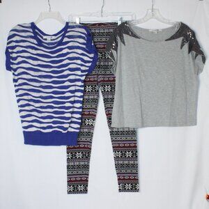 FOREVER 21 LOT 3 SHIRT TOP LEGGINGS SZ LARGE KNIT SEQUIN AZTEC SNOWFLAKE WOMENS